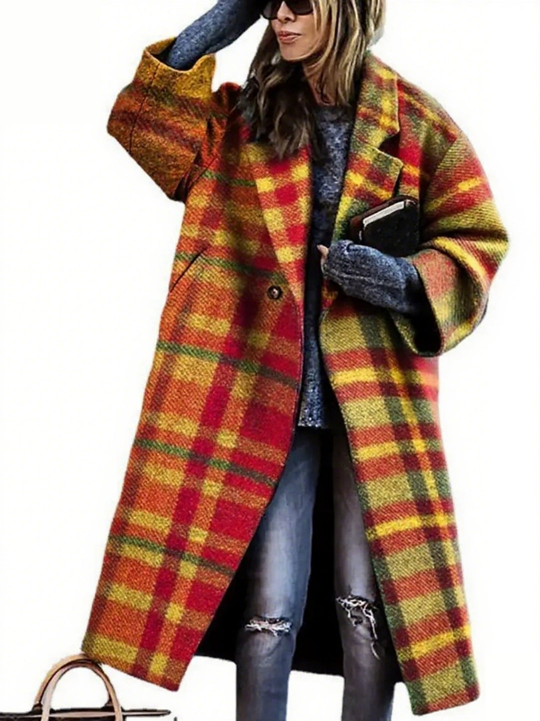 Women’s plaid long lapel jacket coat with button front and long sleeves