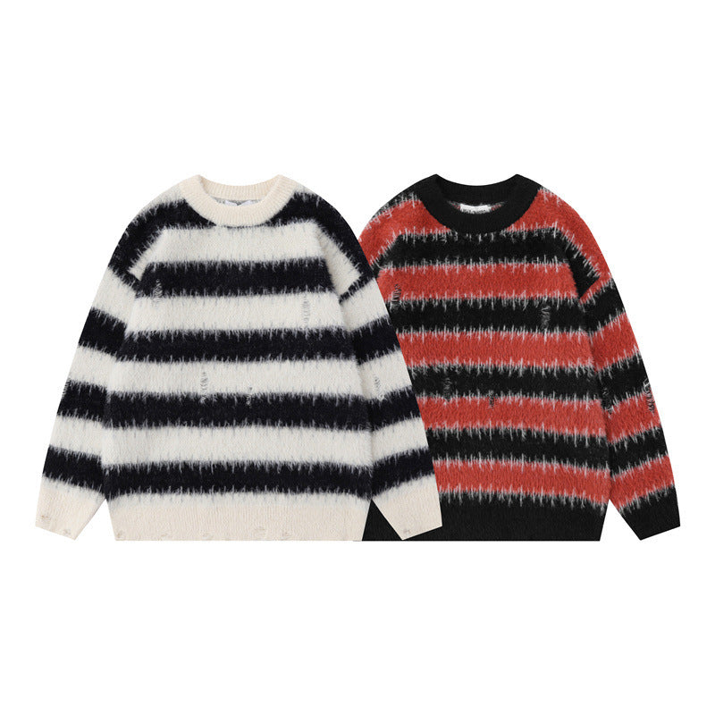 American Style Trend Contrast Color Striped Loose Sweater