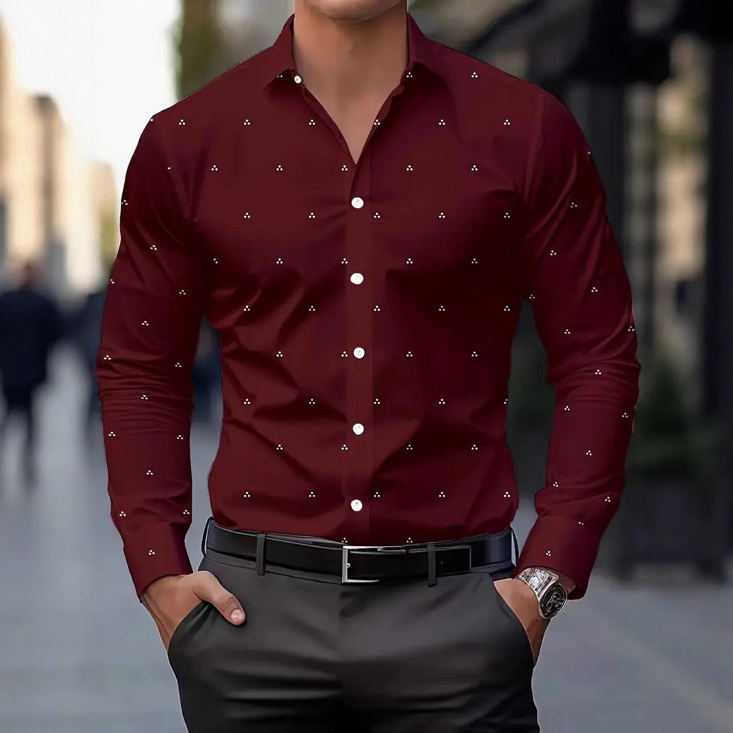 Men's wine red button-down long-sleeve shirt with small printed polka dots