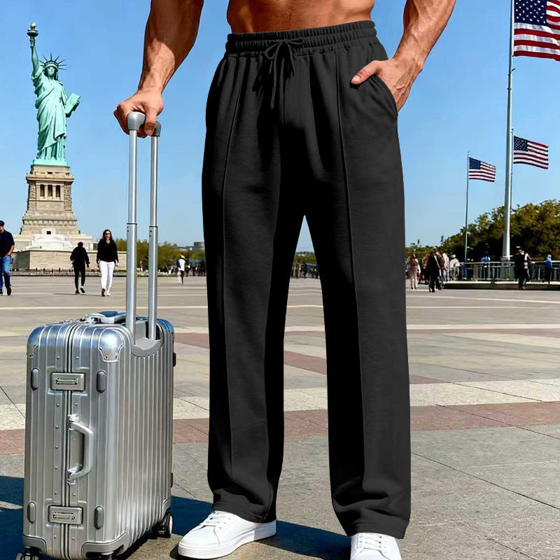 Men's knit casual straight-leg pants, black, elastic waistband with drawstring