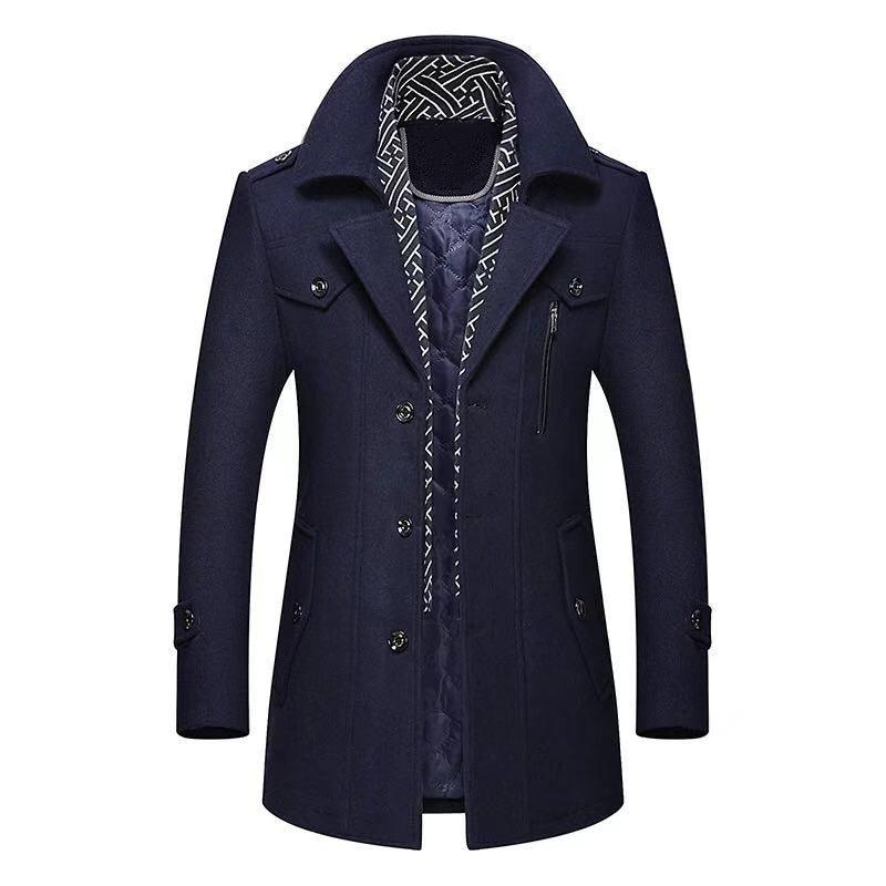 Navy heavy coat with hooded scarf collar, button-front, side pockets