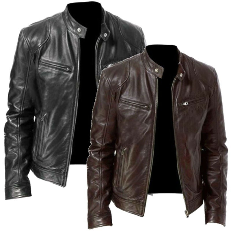 Pu Leather Collar Slim Leather Jacket - WOMONA.COM