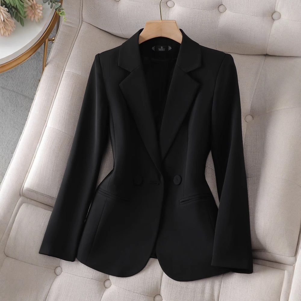 Black slim-fit single-breasted blazer with notch lapels and long sleeves
