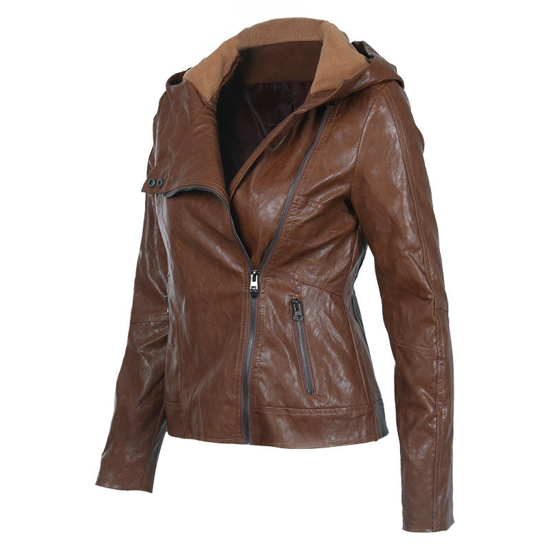 Solid color women's leather jacket - WOMONA.COM