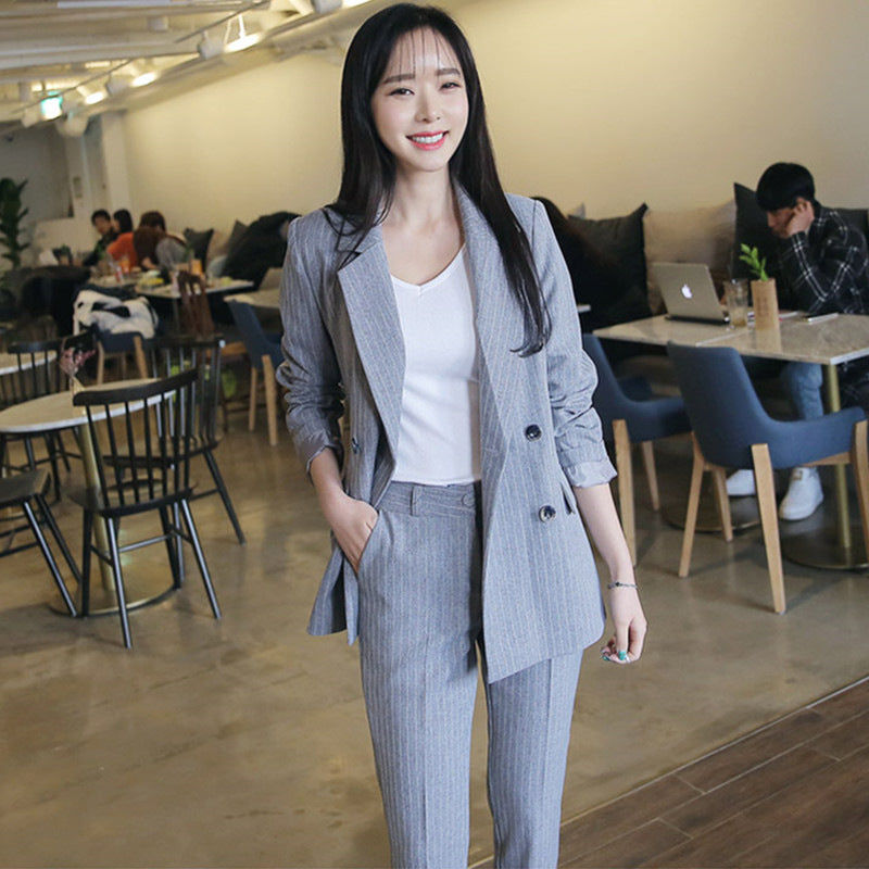 Korean Style Slim And Thin Striped Suit Two-Piece Suit - WOMONA.COM