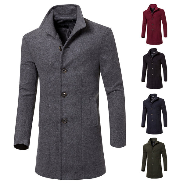 Men's solid color lapel woolen trench coat - WOMONA.COM