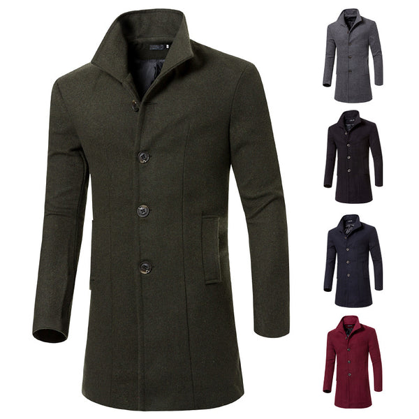 Men's solid color lapel woolen trench coat - WOMONA.COM