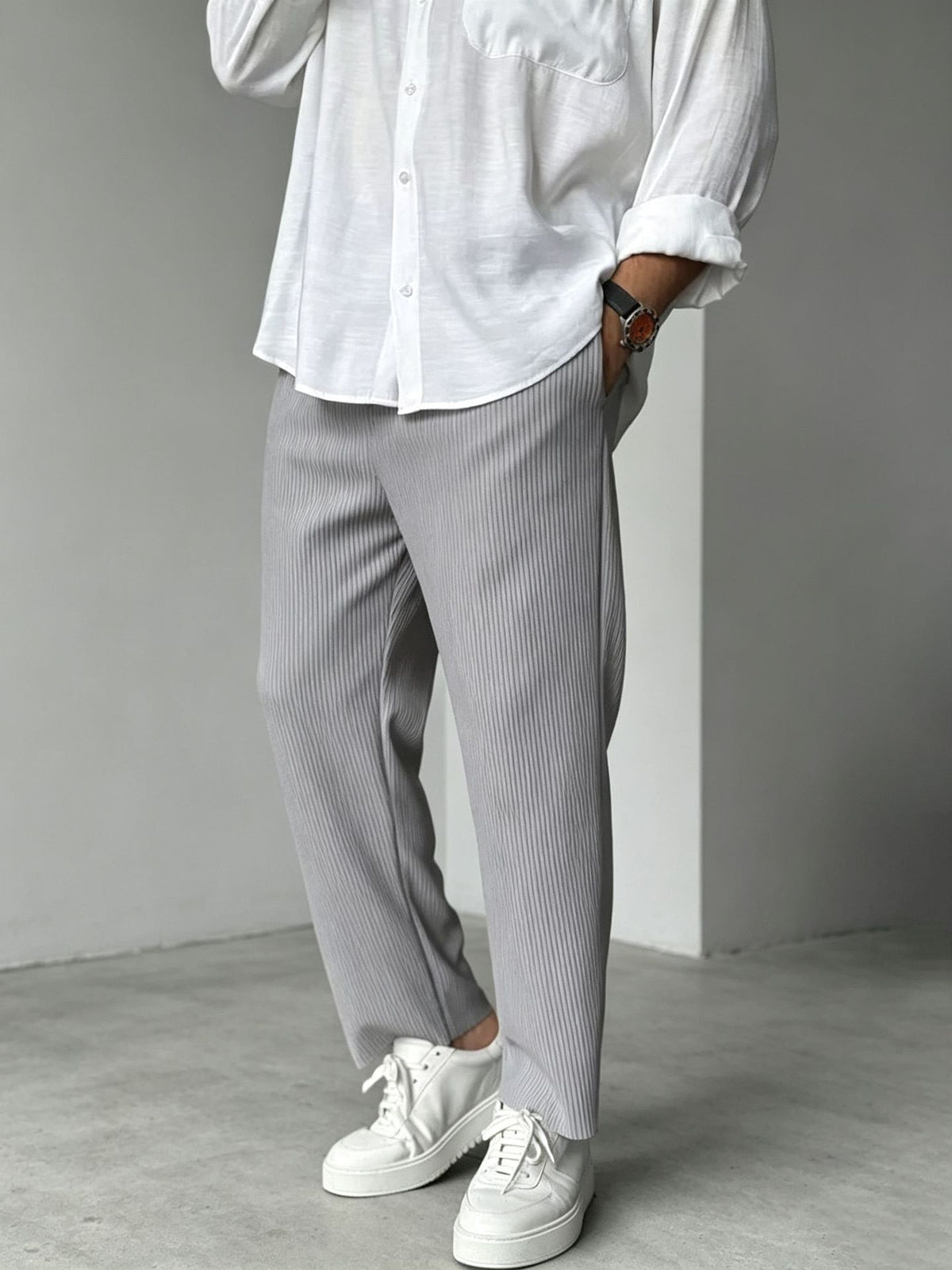Light gray pinstripe relaxed straight-leg casual pants, straight legs with ankle hem
