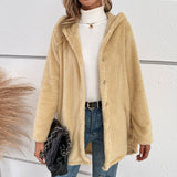 Button Plush Irregular Solid Color Hooded Jacket - WOMONA.COM