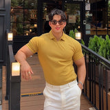 Lapel Solid Color Stretch Slim Fit Short Sleeve Fitness Suit For Men - WOMONA.COM