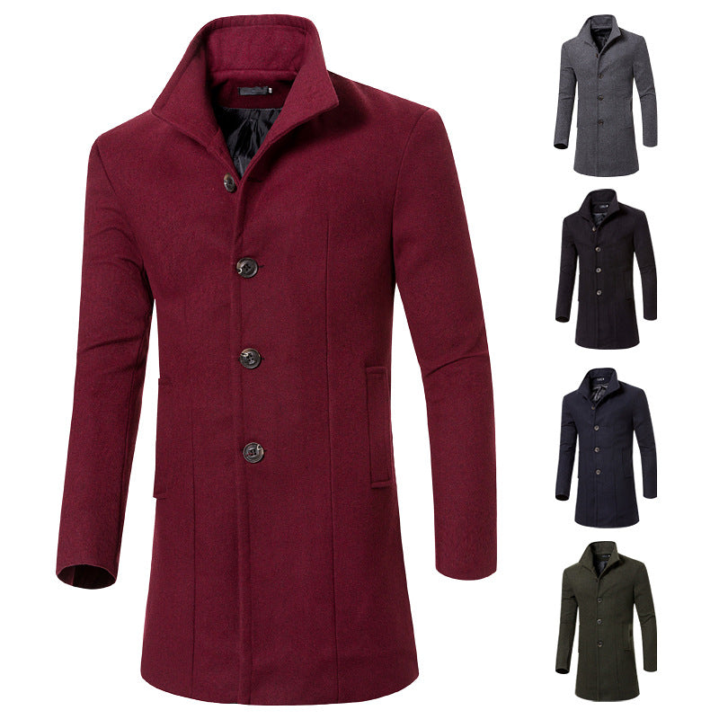 Men's solid color lapel woolen trench coat - WOMONA.COM