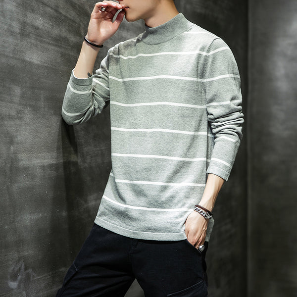 Men's Striped Sweater With Half Turtleneck - WOMONA.COM