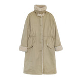 Khaki Waisted Rabbit Fur Lining Cotton Coat