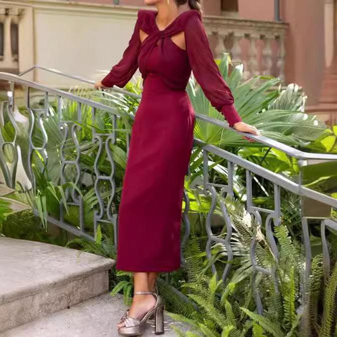 Hollow Twist Stitching Long Sleeve Slim Fit Dress - WOMONA.COM