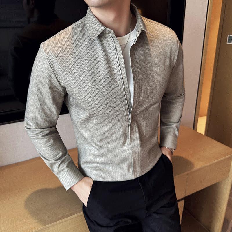 Elastic Slim Fit Striped Long Sleeve Shirt - WOMONA.COM