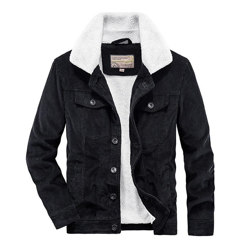 Men's corduroy jacket in black with thick sherpa collar, snap button front, and two flap chest pockets
