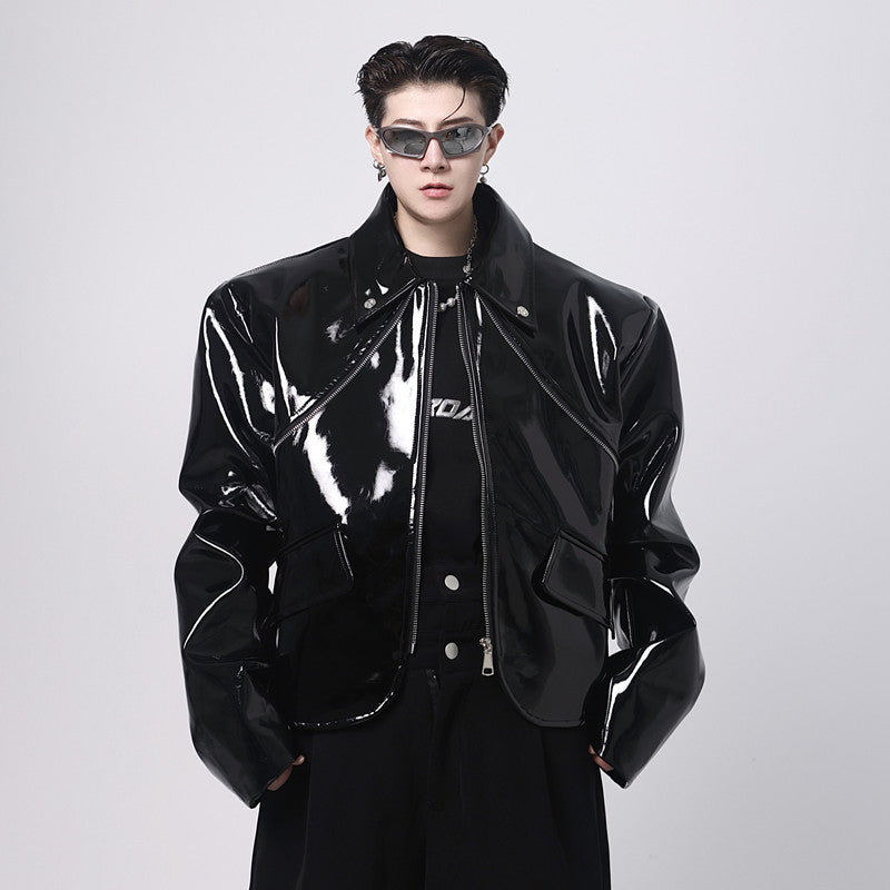 Men's black glossy stand-collar jacket