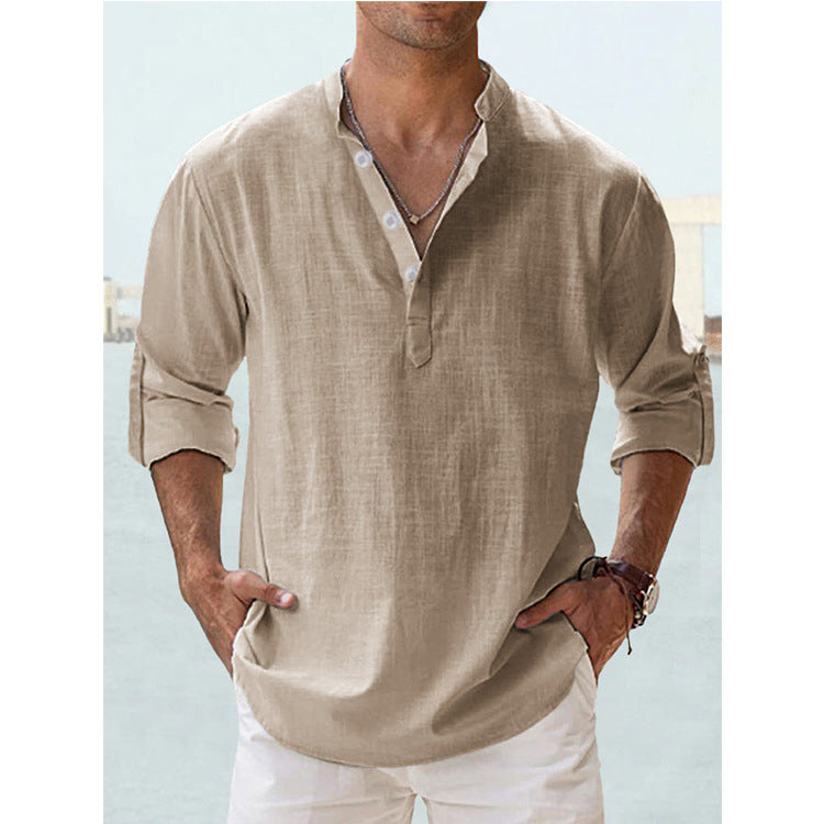 Men's linen collar long-sleeve t-shirt, khaki beige, buttoned split neck
