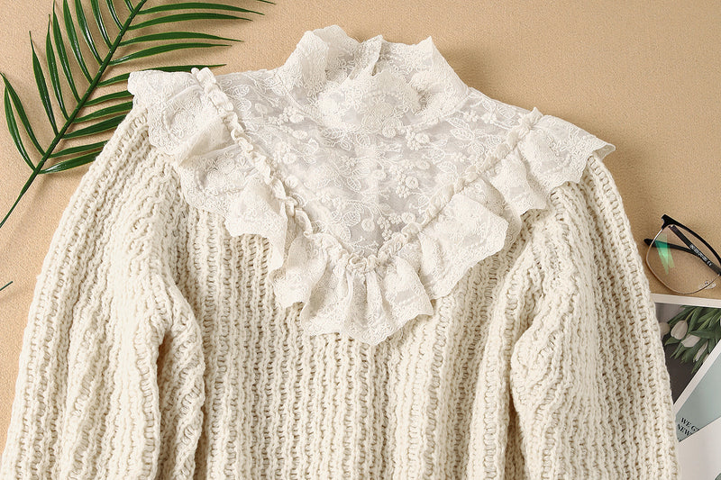 Round neck stitching knit sweater - WOMONA.COM