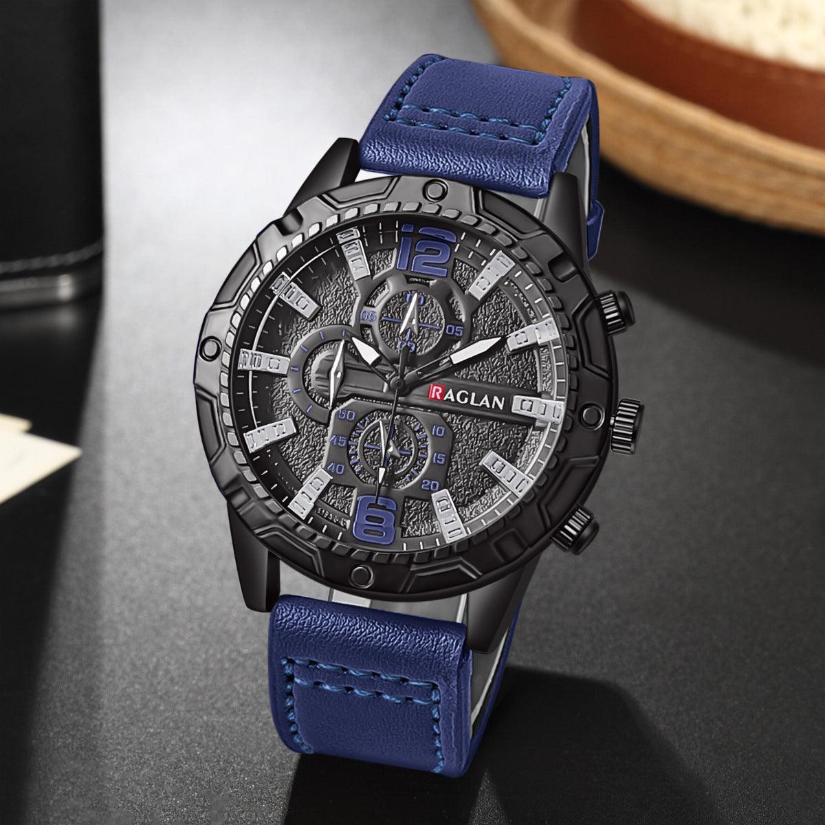Men's quartz wristwatch, black dial and case with blue leather strap