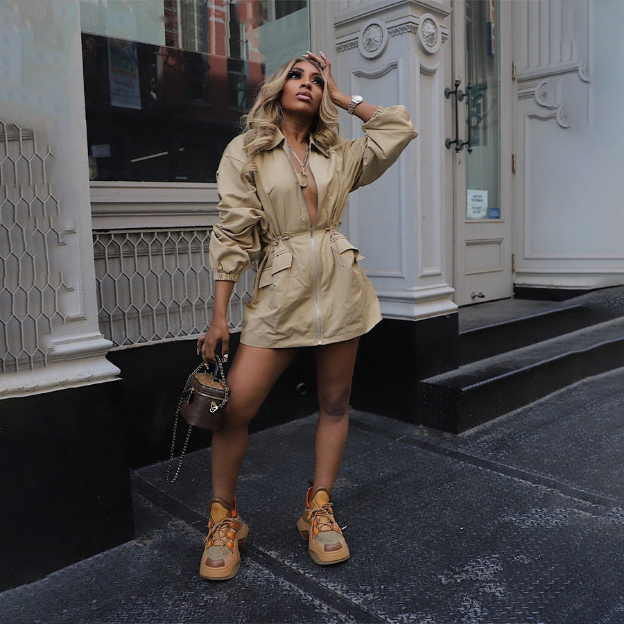 Women's khaki mid-length trench coat with drawstring waist