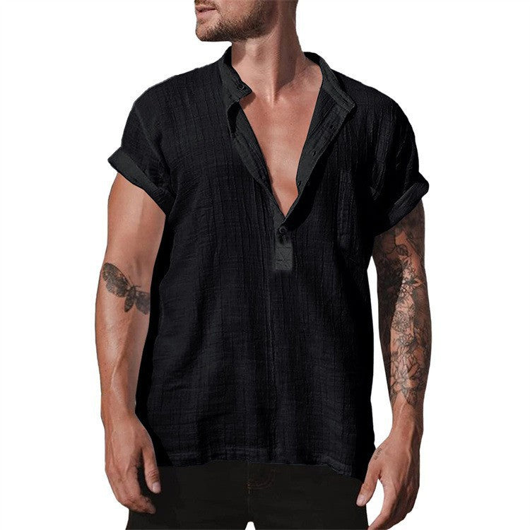 Loose Stand Neck Solid Color Pocket Short Sleeve Shirt - WOMONA.COM