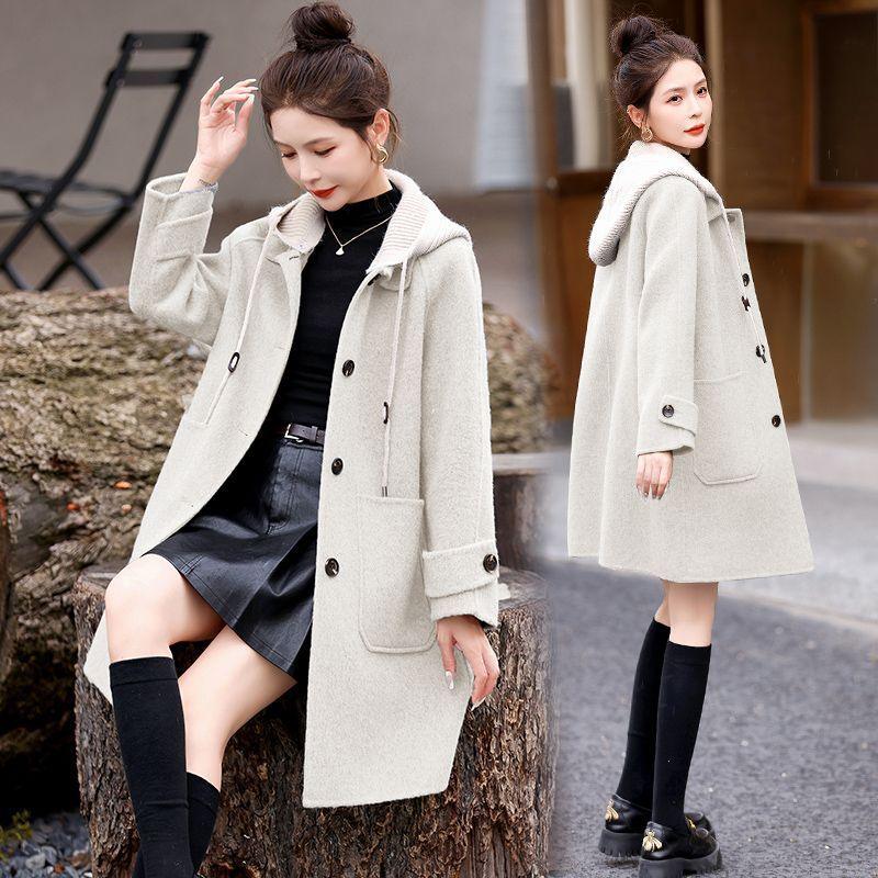 Women’s hooded woolen coat in oatmeal, sherpa collar, front buttons, and side pockets