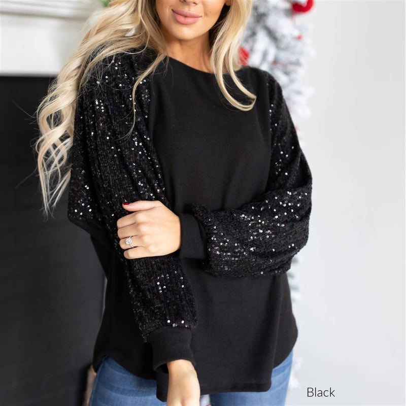 Women's Fashionable Sequins Stitching Round Neck Loose Top - WOMONA.COM