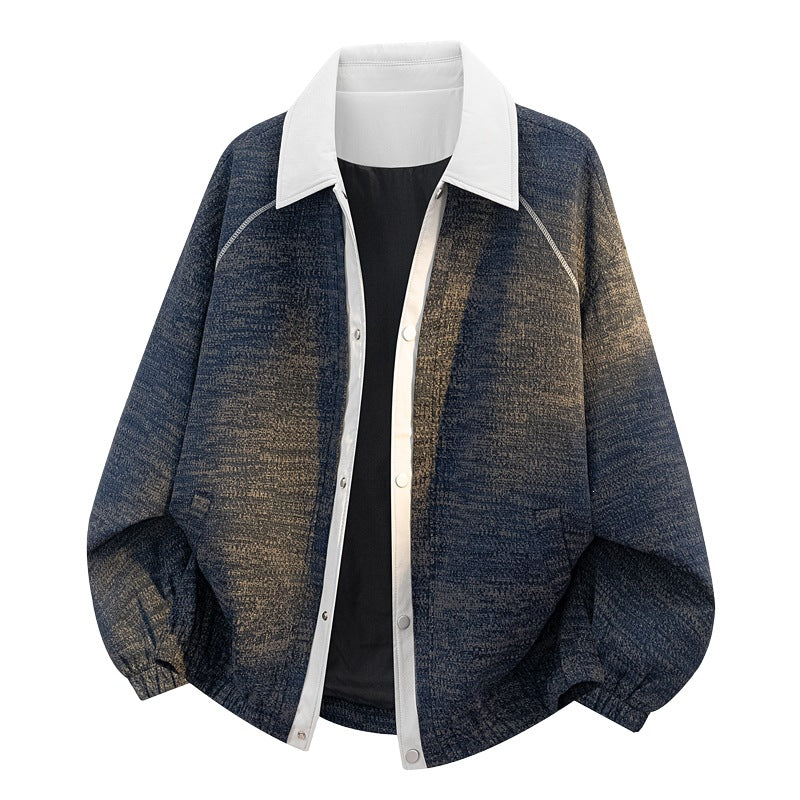Blue and tan color-block hooded coat with white collar trim and button placket
