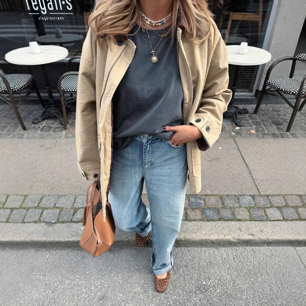 Khaki long-sleeve trench coat with lapel collar, button front, and loose fit