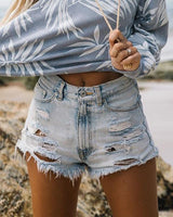 High Waist Ripped Tassel Denim Shorts For Women - WOMONA.COM