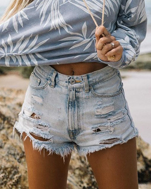 High Waist Ripped Tassel Denim Shorts For Women - WOMONA.COM