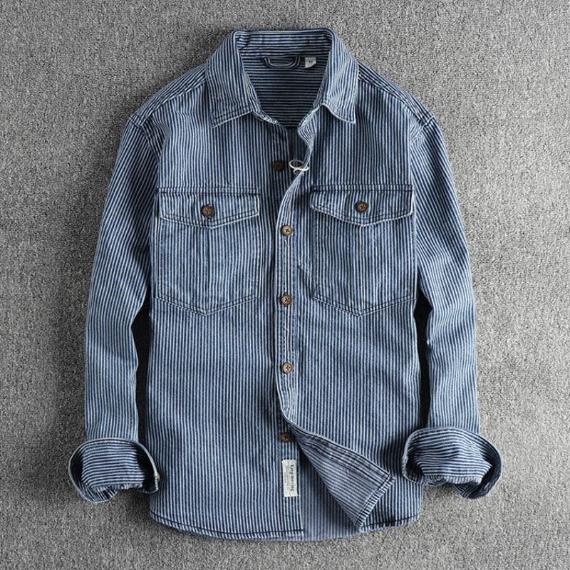 Men's washed denim shirt, blue stripe, front button-up with two chest pockets and rolled cuffs