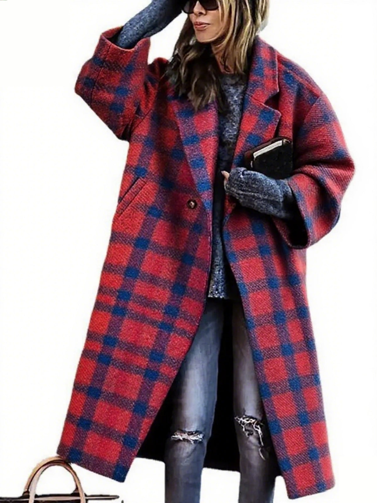 Women’s red-blue plaid long lapel jacket coat with button front and long sleeves