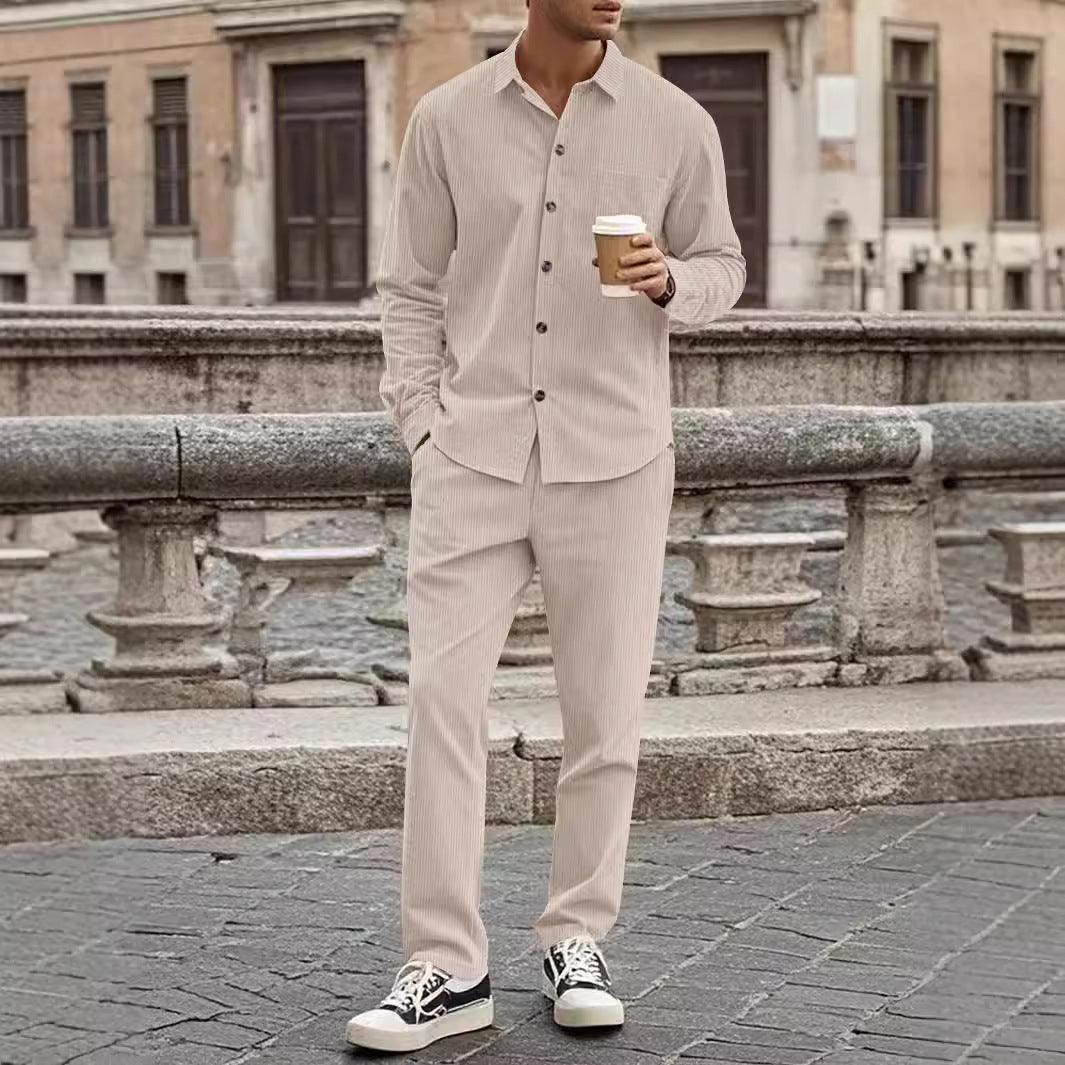 Casual Sports Lapel Long Sleeve Button Cardigan Trousers - WOMONA.COM