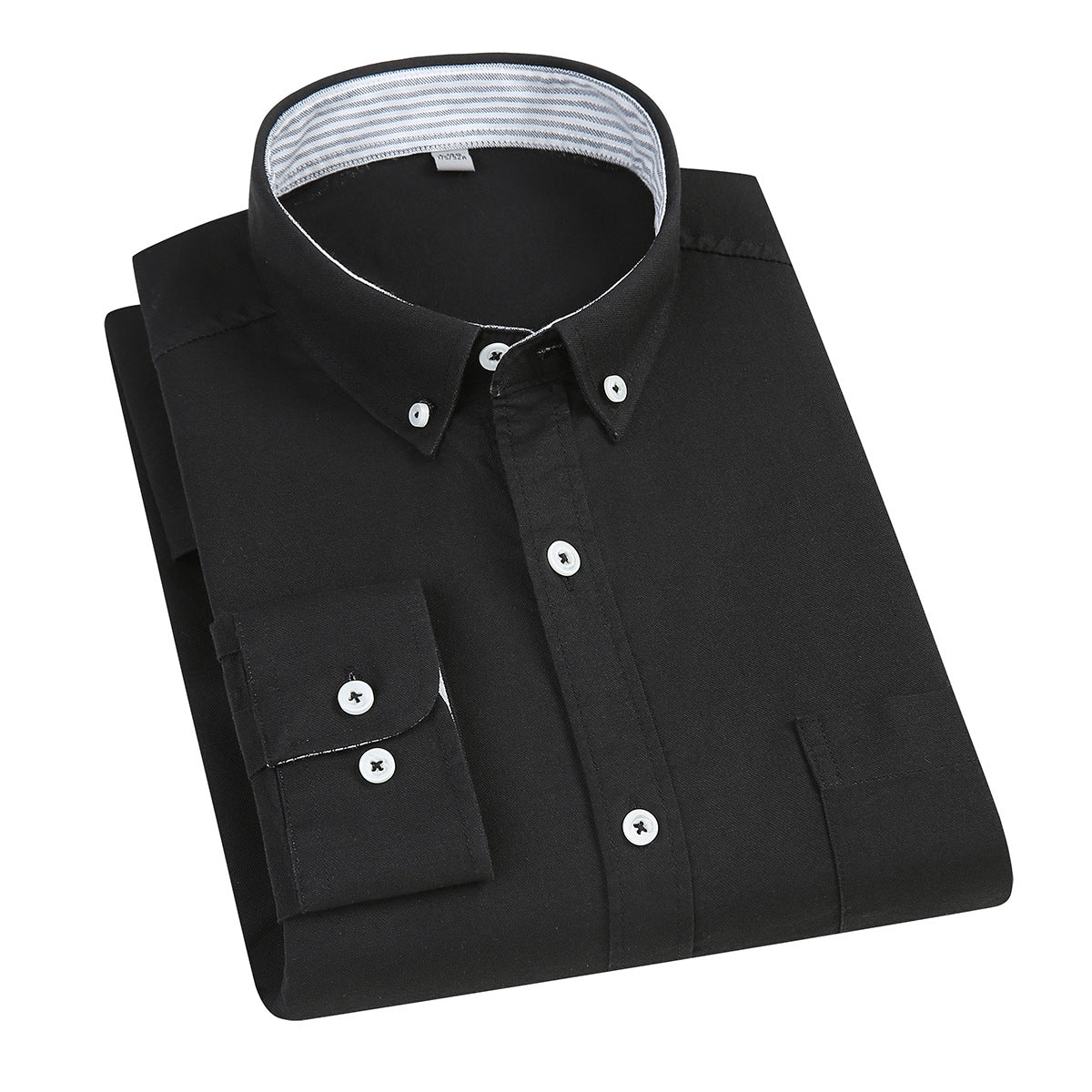 Black men’s shirt jacket with button-front, chest flap pockets, and buttoned cuffs