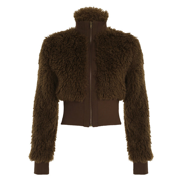 American Street Style Lapel Patchwork Furry Short Coat - WOMONA.COM