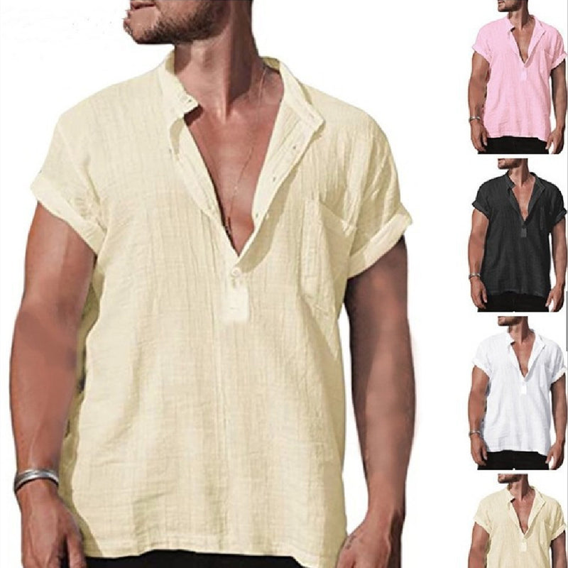 Loose Stand Neck Solid Color Pocket Short Sleeve Shirt - WOMONA.COM