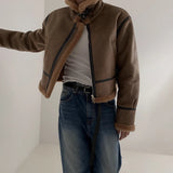 Loose Suede Lambswool Leather Jacket - WOMONA.COM