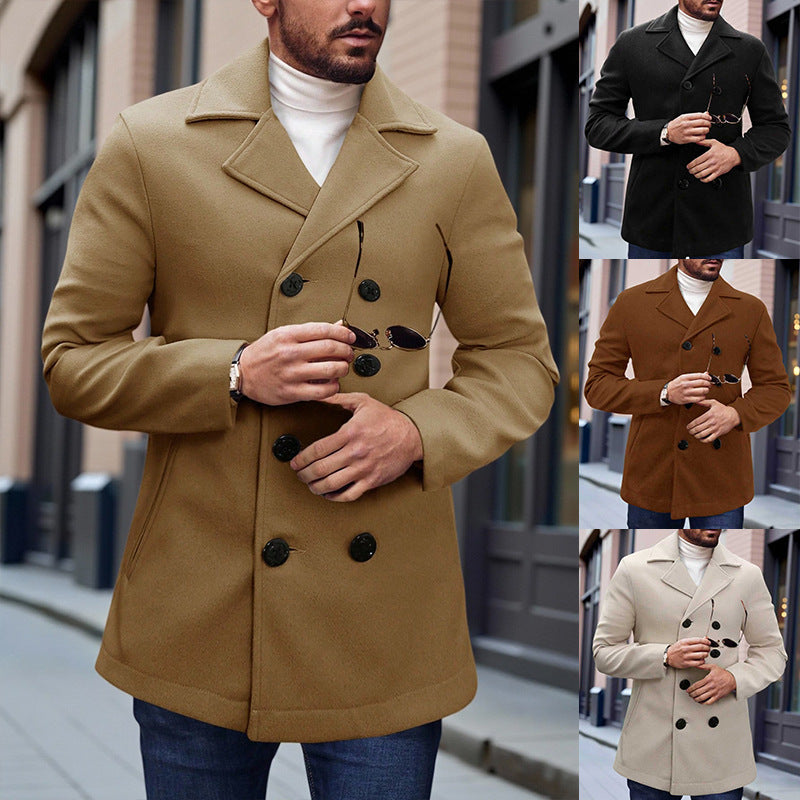 Men's wool overcoat in camel beige, double-breasted with black buttons and notch lapels