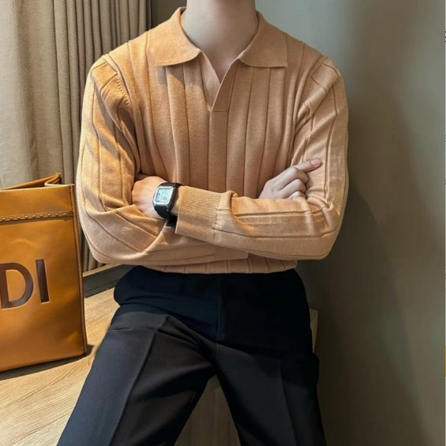 Light yellow brown striped V-neck long-sleeve T-shirt with loose fit