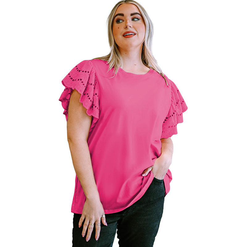 Camisa informal de manga corta con encaje calado para mujer