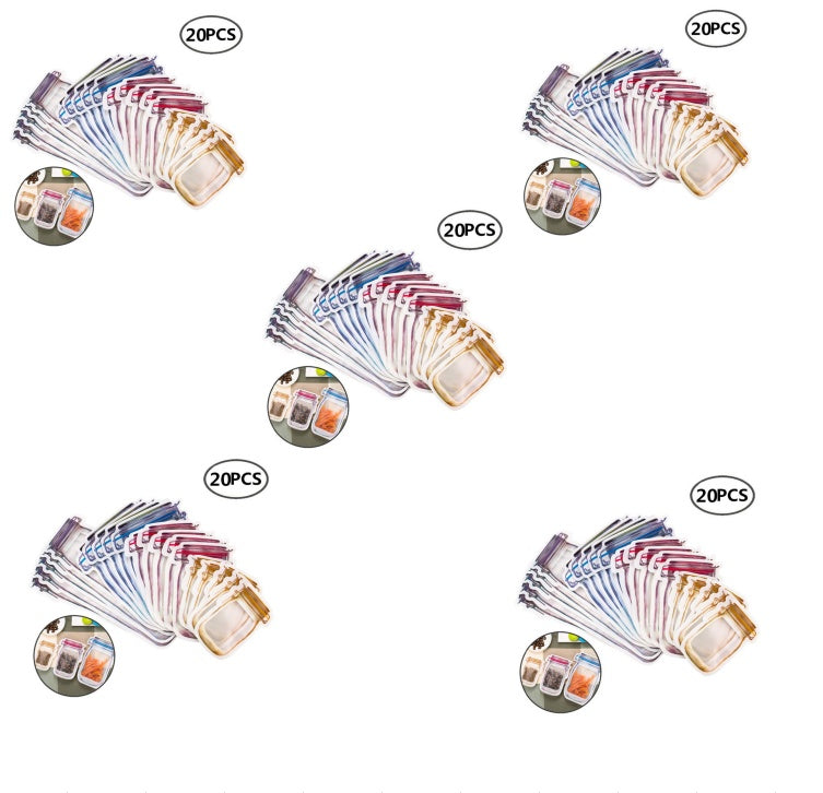 20-piece pack of reusable clip-seal snack storage jars, shown in multiple quantity layouts