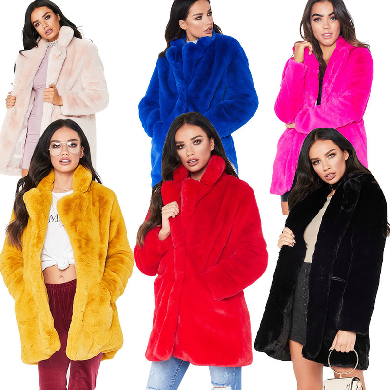 Abrigo de piel sintética para mujer, chaquetas cálidas de manga larga con ondas gruesas, abrigo de talla grande, abrigos de piel de color negro, amarillo, rosa y rojo para invierno