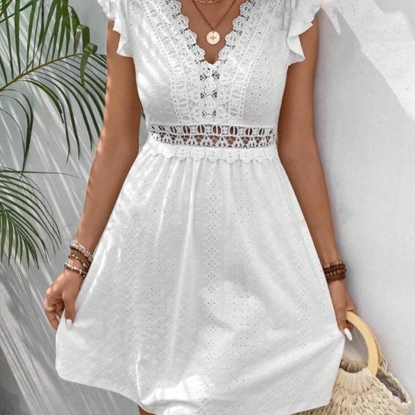 White lace V-neck mini dress with butterfly sleeves and elastic waist