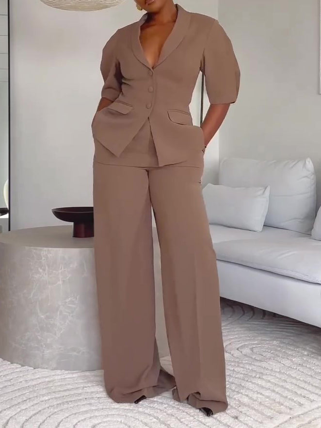 Women's Brown Short-Sleeve Blazer & High-Waist Trousers Set