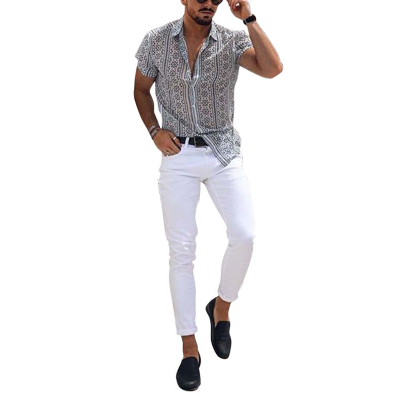 Men's short sleeve printed fashion casual cardigan shirt - WOMONA.COM