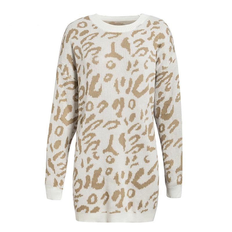 Loose leopard print sweaters with long sleeves - WOMONA.COM