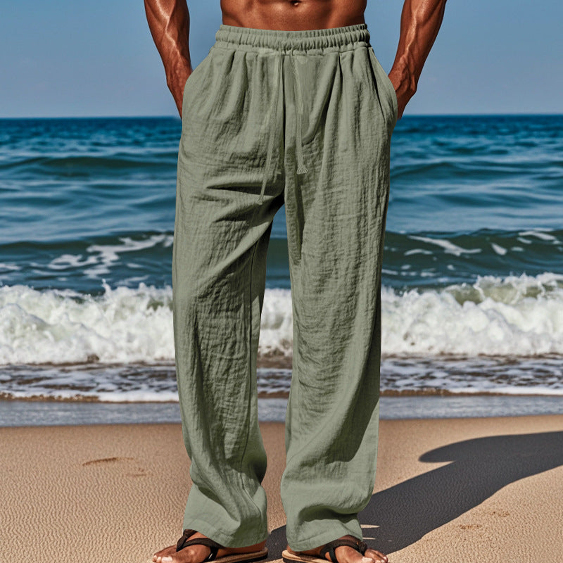 Men's linen-cotton loose-fit casual pants in military green, drawstring waist, relaxed legs