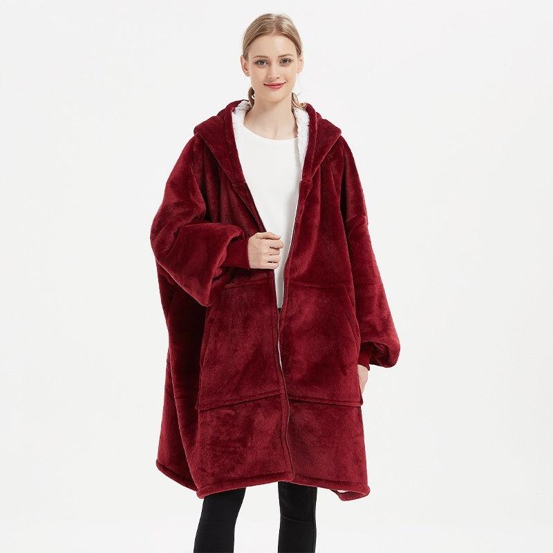 Wearable fleece blanket hoodie with hood, full-zip, and front pockets, deep red
